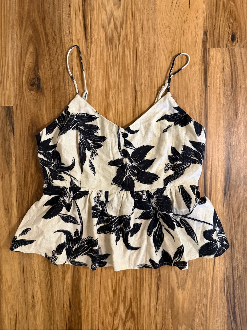Floral V-Neck Peplum Cami Top - Black on Cream